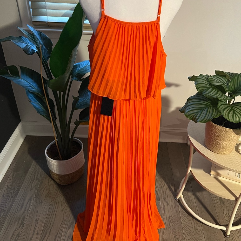 Vibrant Orange Pleated Maxi Dress